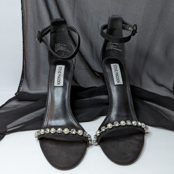 STEVE MADDEN Solitaire Stiletto Sandals Diamond Pearl Studs Ankle Strap Size 9 - Picture 9 of 15